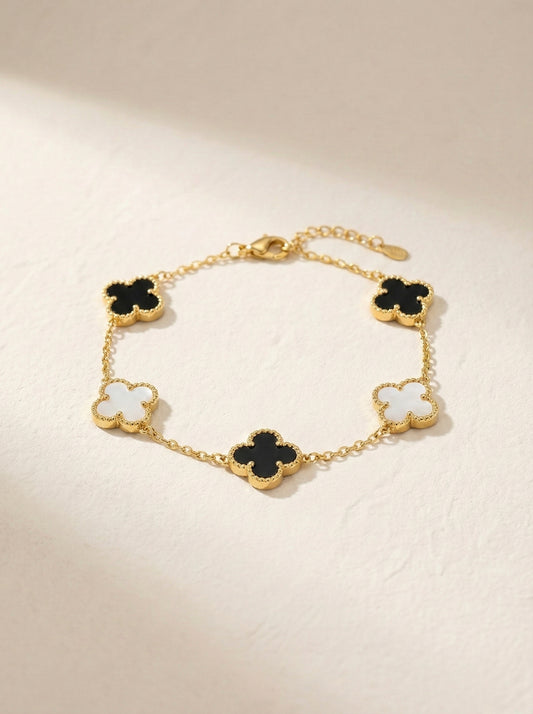 Clover Charm Bracelet – Black & White Enamel Gold Finish