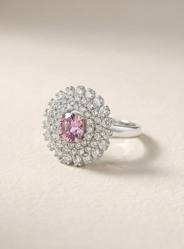 Blush Radiance – Pink Crystal Halo Ring