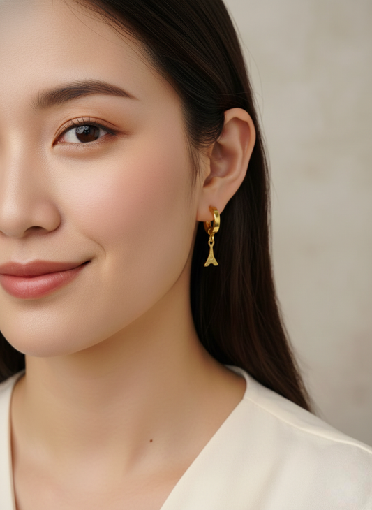Eiffel Tower Charm Gold Hoop Earrings