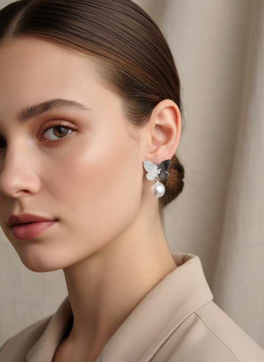Butterfly Pearl Drop Earrings – Silver Tone Stainless Steel