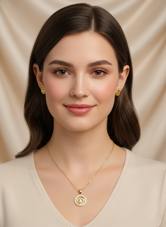 Double Heart Pendant & Earring Set – Gold Stainless Steel Jewelry
