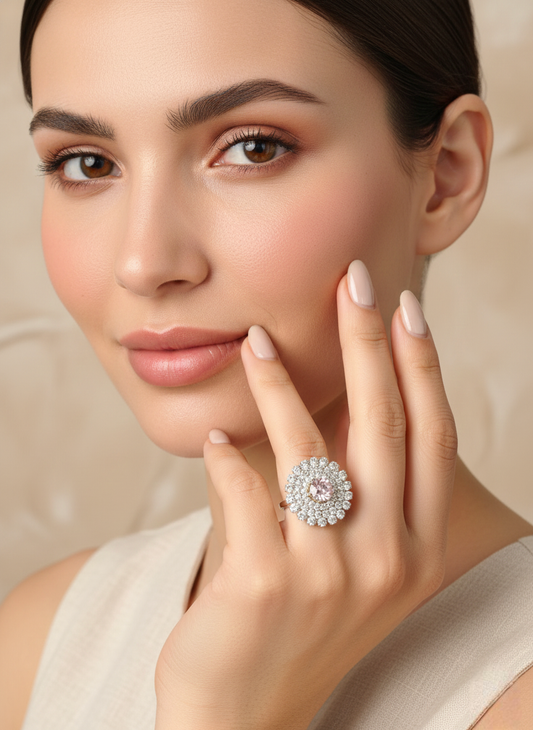 Blush Radiance – Pink Crystal Halo Ring