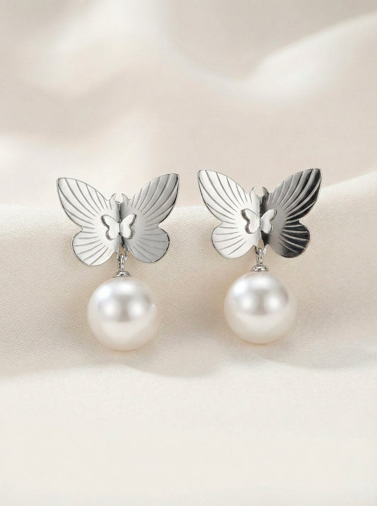 Butterfly Pearl Drop Earrings – Silver Tone Stainless Steel