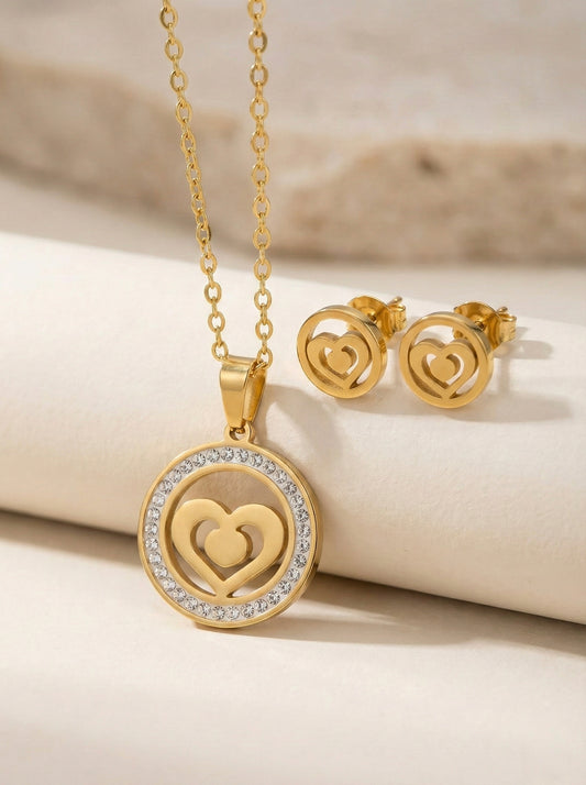 Double Heart Pendant & Earring Set – Gold Stainless Steel Jewelry