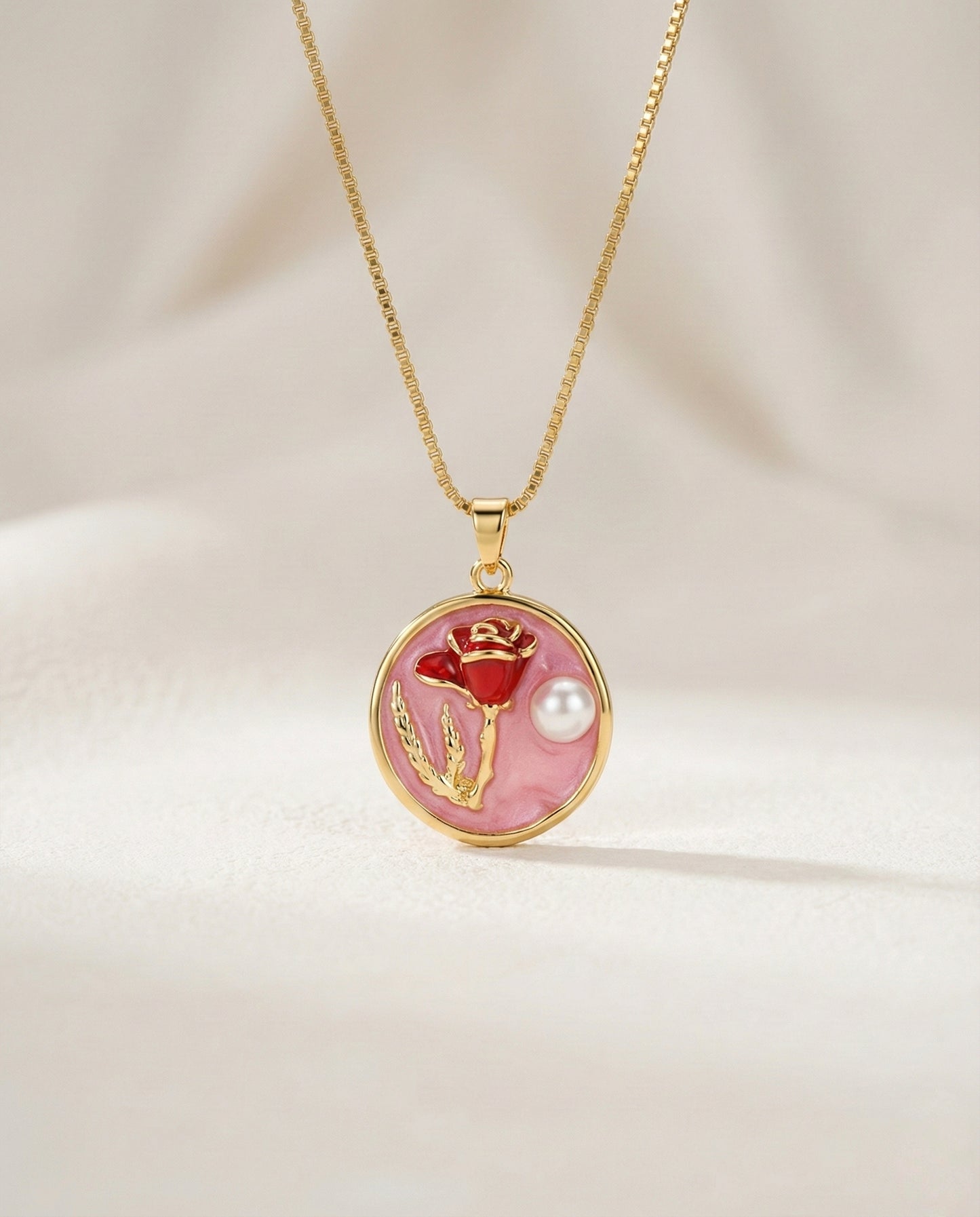 Rose Charm Pendant – Pink Enamel with Gold Chain