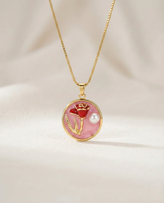 Rose Charm Pendant – Pink Enamel with Gold Chain