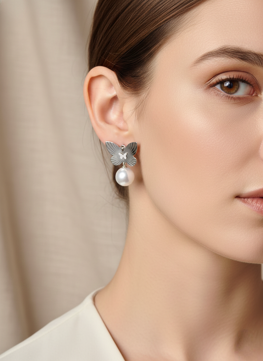 Butterfly Pearl Drop Earrings – Silver Tone Stainless Steel