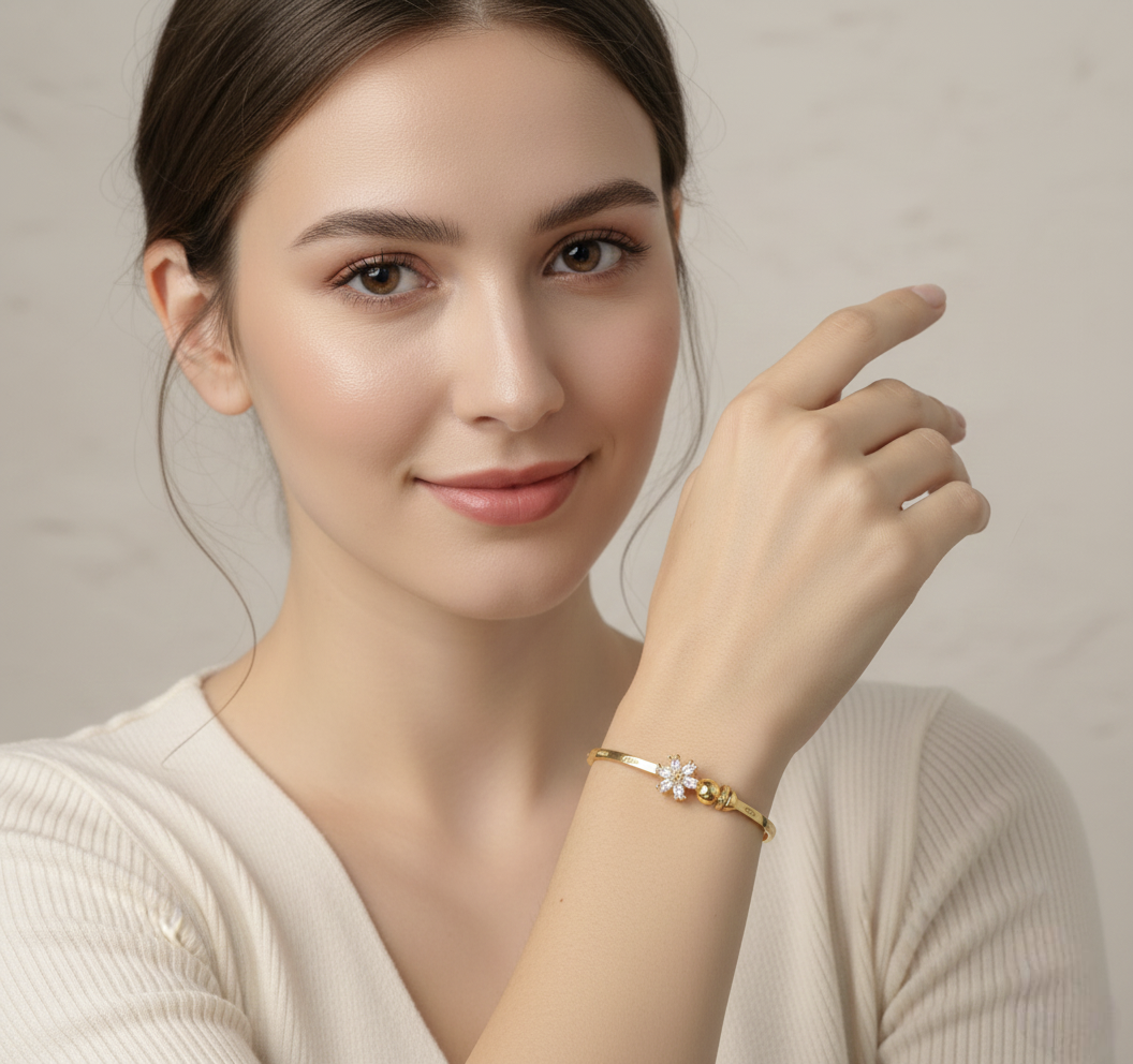 Crystal Bloom – Gold-Toned Openable Floral Bangle Bracelet