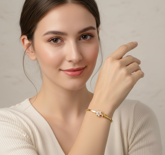 Crystal Bloom – Gold-Toned Openable Floral Bangle Bracelet