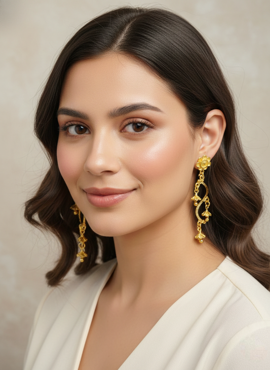 Golden Wavelength – Floral Jhumki Long Dangling Earrings