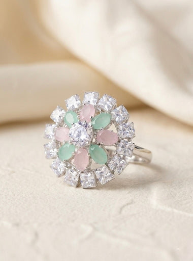 Floral Crystal Statement Ring – Adjustable Silver-Plated Blossom Design