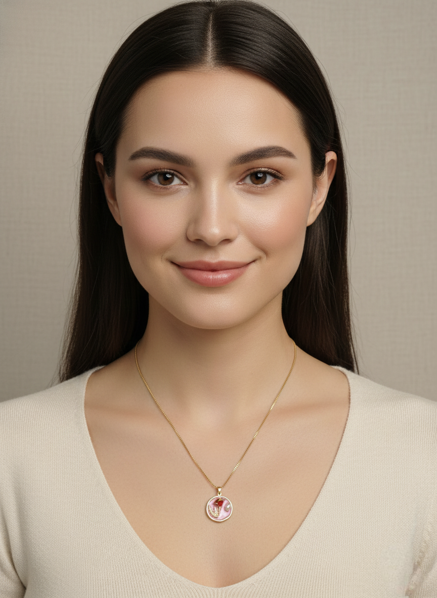 Rose Charm Pendant – Pink Enamel with Gold Chain