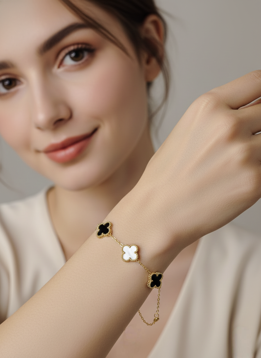 Clover Charm Bracelet – Black & White Enamel Gold Finish