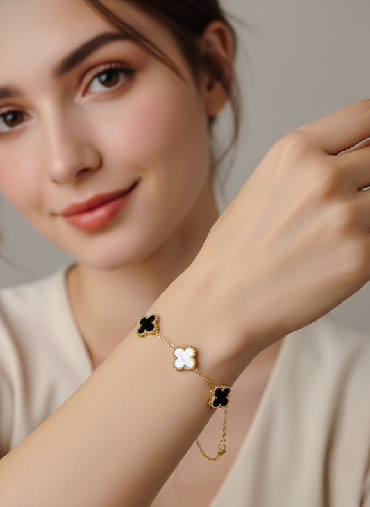 Clover Charm Bracelet – Black & White Enamel Gold Finish