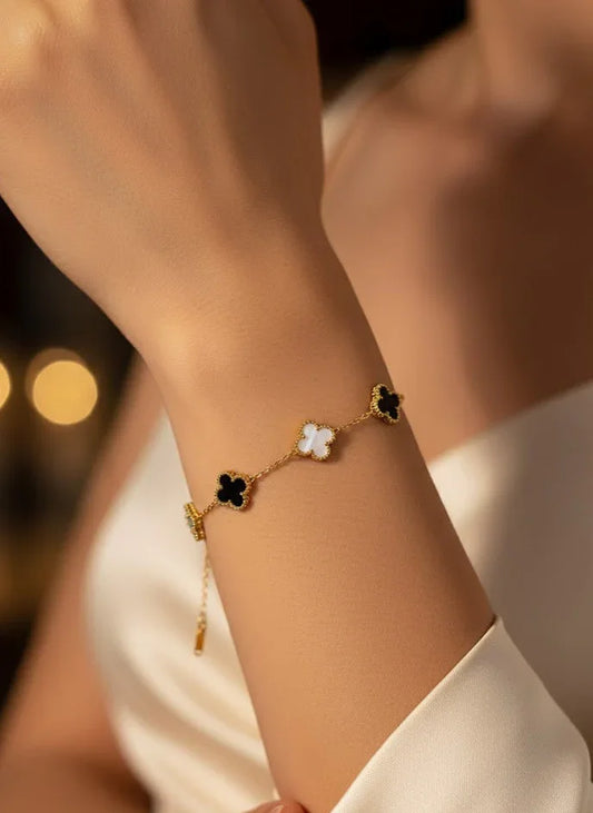 Clover Charm Bracelet – Black & White Enamel Gold Finish