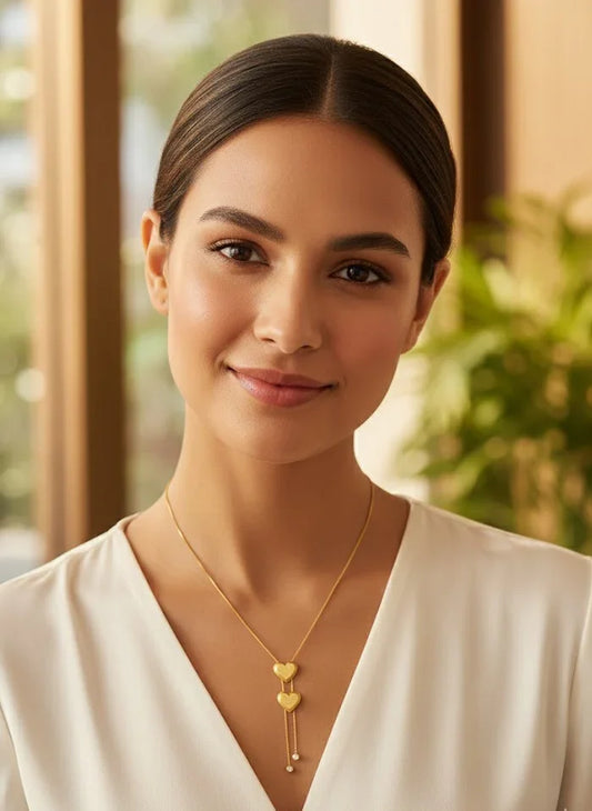 Woman wearing a gold necklace with heart pendants in a blurred indoor setting