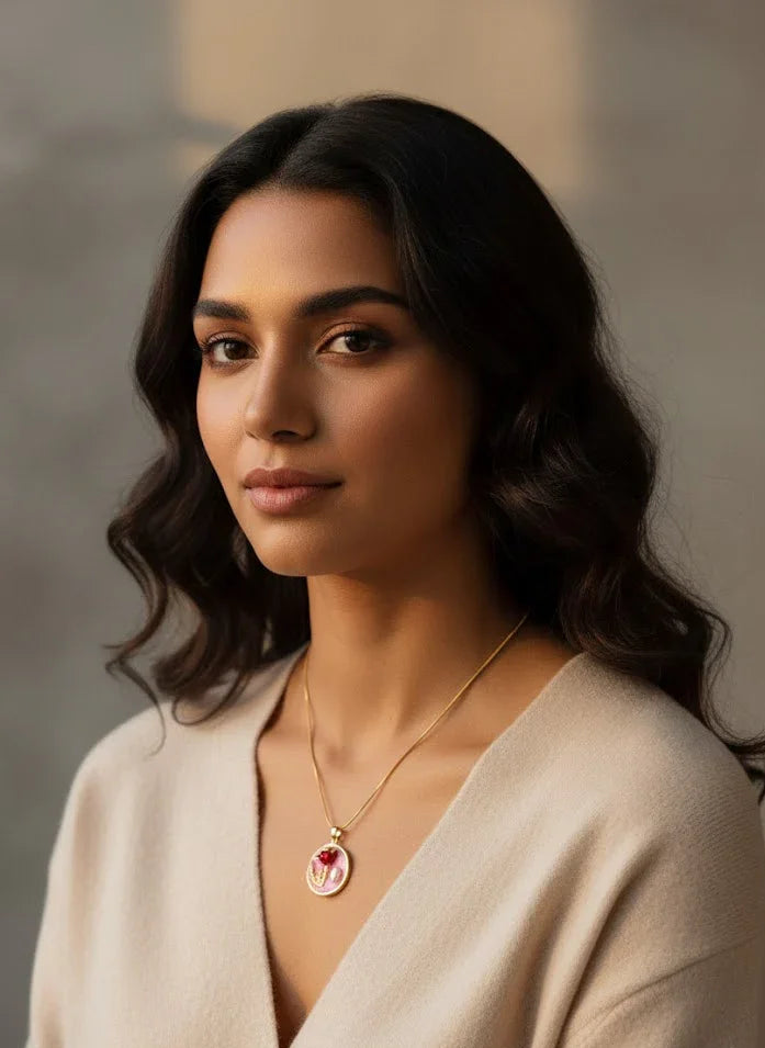 Rose charm pendant necklace worn by model